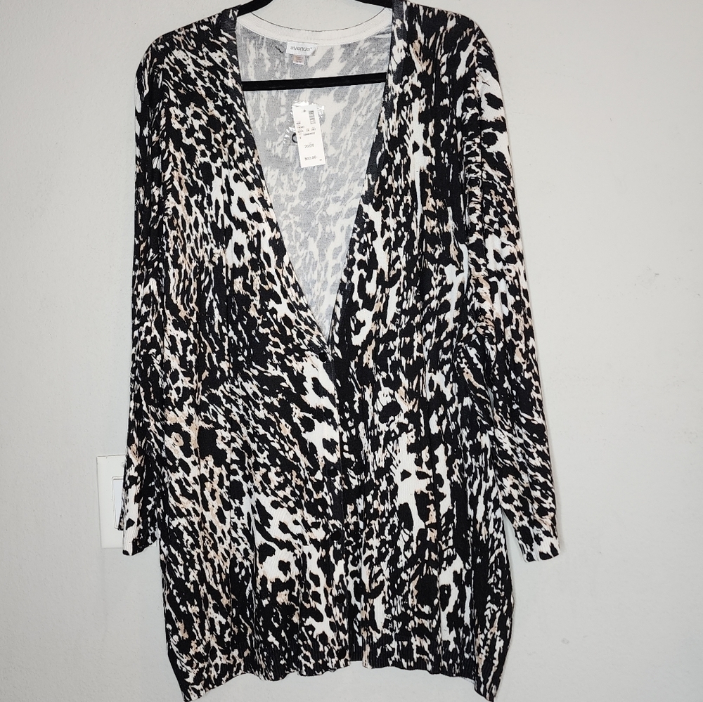 NWT Avenue Knit Button Cardigan Black Beige Animal Print Women's Size 26/28 4X